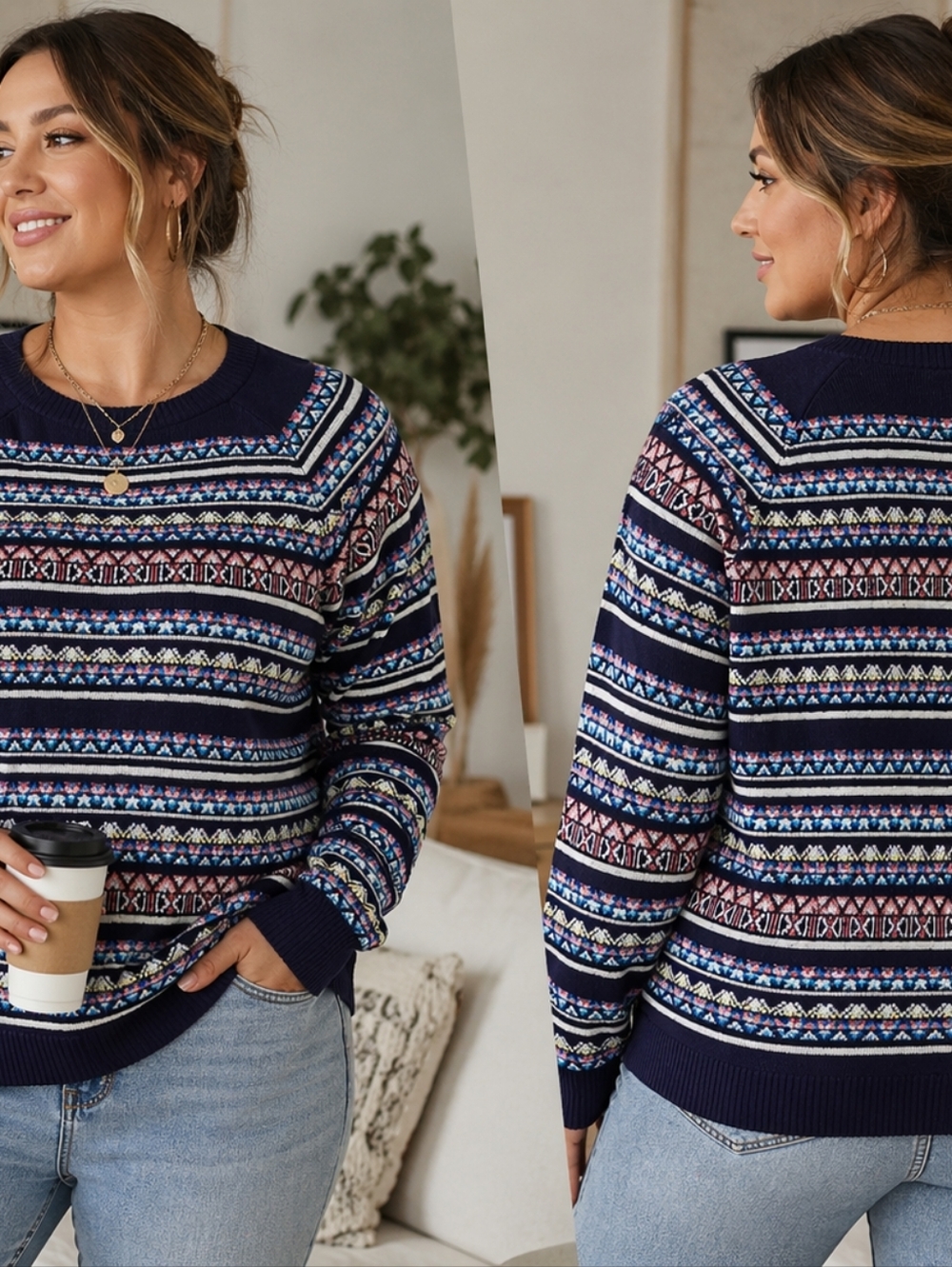 Merona Fair Isle Pattern Knit Sweater XXL Contemporary Casual Cozy Pullover Navy